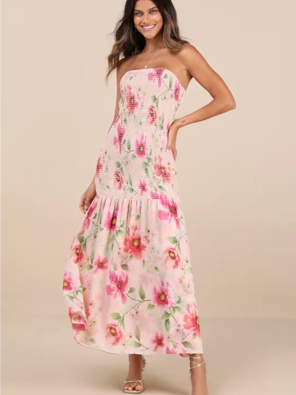 NWT Lulu's Balbina Pink Floral Smocked Strapless Maxi Dress with a Drop Waist XL